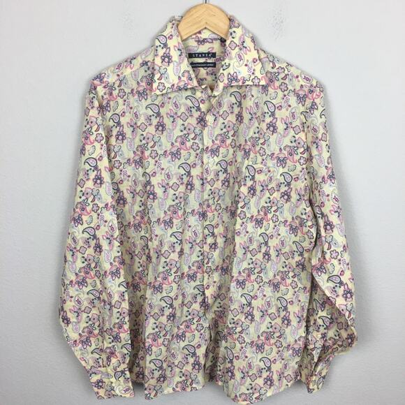 Stanza Men's Yellow Floral Linen Button Up Shirt 15.5" neck 40 EU - Picture 1 of 8